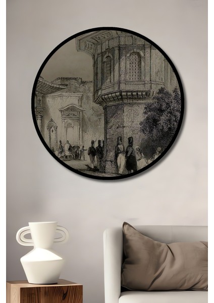 Dekoratif Ahşap Yuvarlak Çerçeve Görünümlü Tablo Osmanlı Sokak Manzarası