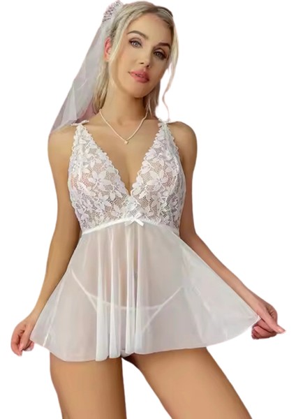 Beyaz Dantelli Transparan Tül Etekli Seksi Elbise Gecelik CK273266