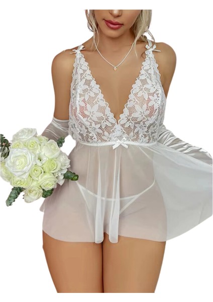 Beyaz Dantelli Transparan Tül Etekli Seksi Elbise Gecelik CK273266 fiyatları