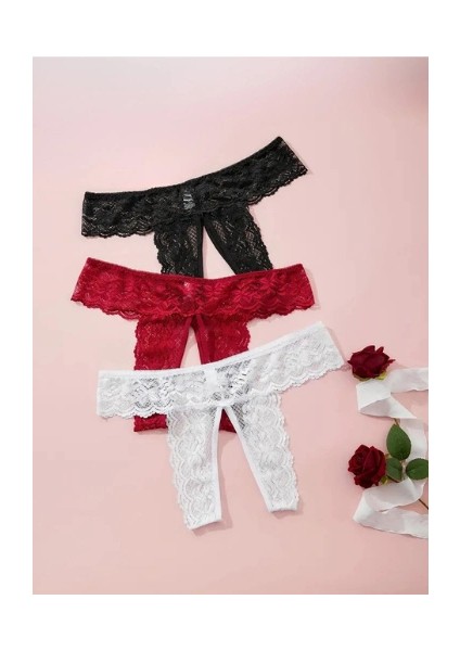 Kadın 3'lü Özel Bölgeleri Açık Dantelli Tanga Seti CK270045