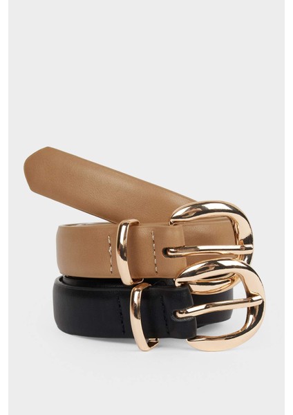 Kadın Oval Toka Suni Deri 2'li Günlük Kemer F3291AXNS