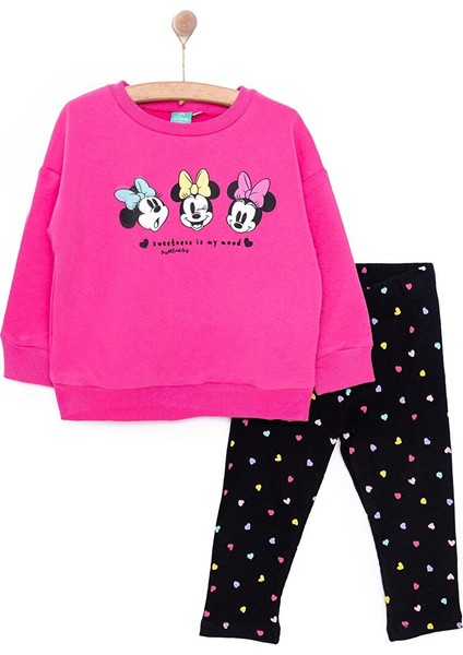 Kız Bebek Eşofman Takımı Minnie Mouse Bisiklet Yaka Reçme Paça Uzun Kol Koyu Pembe