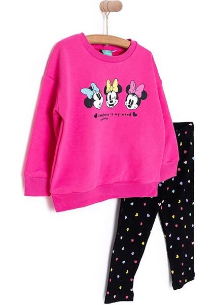 Kız Bebek Eşofman Takımı Minnie Mouse Bisiklet Yaka Reçme Paça Uzun Kol Koyu Pembe fiyatları