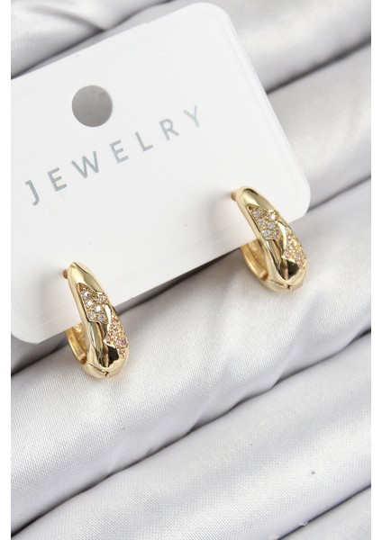 Pirinç Zirkon Taş Desenli Model Gold Renk Kadın Küpe