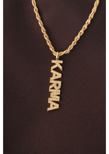 Altın Renk Zirkon Taşlı Karma Yazılı Kolye