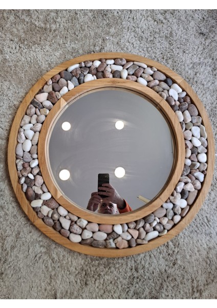 Doğal Çakıl Taşlı Yuvarlak Ayna – 70 cm (El Yapımı Deniz Taşlı Duvar Aynası)