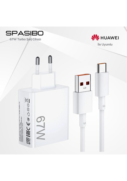 Huawei Uyumlu 67W Turbo Şarj Adaptörü Seti | Type-C Hızlı Şarj & Akıllı Voltaj Koruma