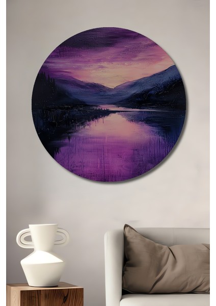 Mor Günbatımı Dağ Manzarası Dekoratif Ahşap Mdf Işyeri Duvar Tablo Yuvarlak Işyeri Duvar Tablo