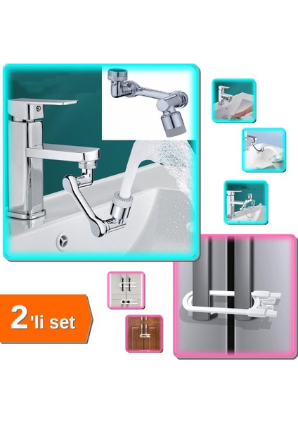 1080 Derece Dönebilen Robotik Kol Musluk Başlığı + Bebek Çocuk Çekmece Koruma Kilidi 2'li Set A7B3G5