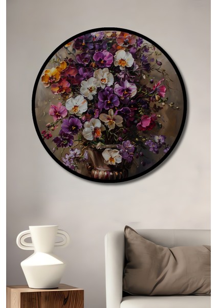 Çerçeve Görünümlü Renkli Çiçek Buketi Ahşap Mdf Dekoratif Ev Duvar Tablo Yuvarlak Ev Duvar Tablo