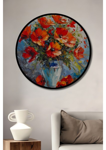 Çerçeve Görünümlü Gelincik Çiçekleri Ahşap Mdf Dekoratif Ev Duvar Tablo Yuvarlak Ev Duvar Tablo