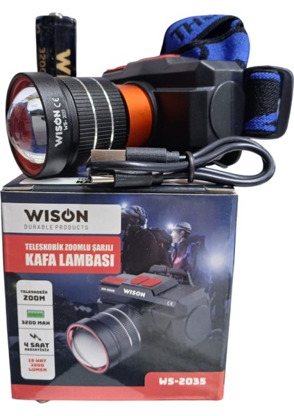 WS-2035 Profesyonel Kafa Lambası | 15W – 1500 Lümen – Zoomlu – Type-C Şarj – 3200 Mah Batarya