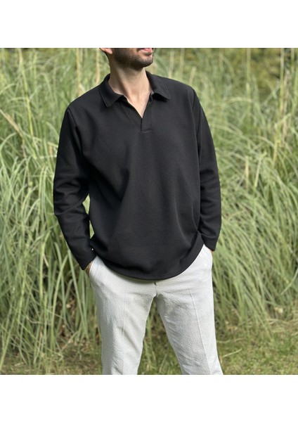 Erkek Siyah Polo Yaka Dokulu Sweatshirt