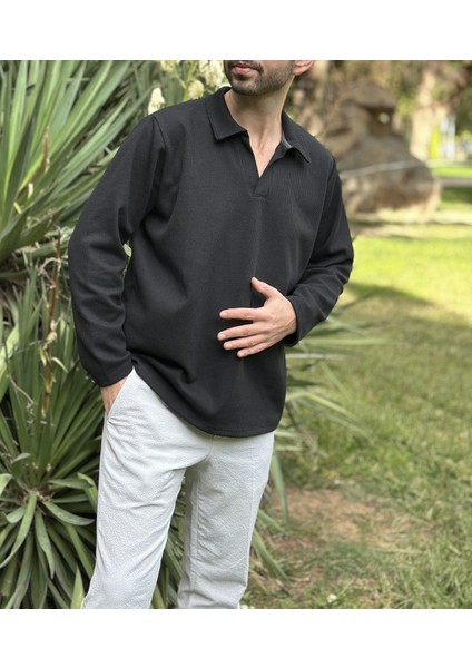 Erkek Siyah Polo Yaka Dokulu Sweatshirt fiyatları