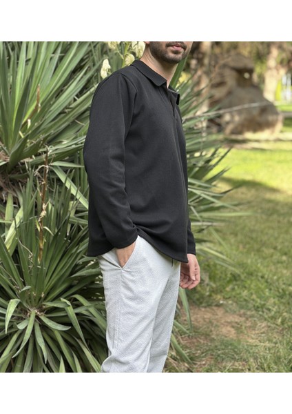 Erkek Siyah Polo Yaka Dokulu Sweatshirt modelleri