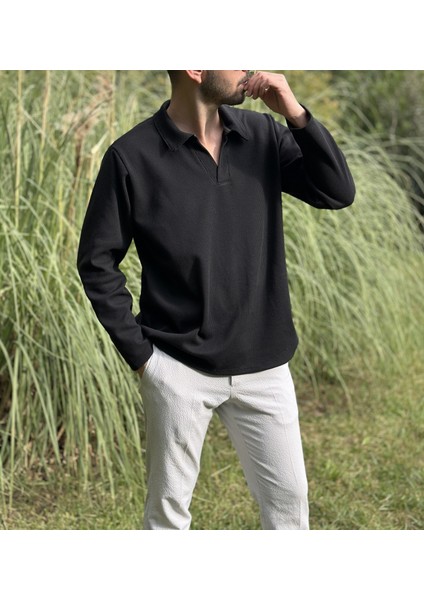 Erkek Siyah Polo Yaka Dokulu Sweatshirt indirimleri