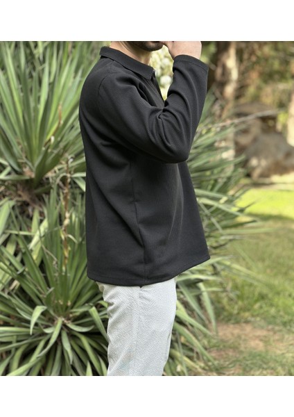Erkek Siyah Polo Yaka Dokulu Sweatshirt