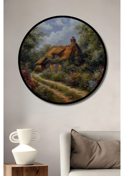Çerçeve Görünümlü Kır Evi Manzaralı Dekoratif Ahşap Mdf Ev Duvar Tablo Yuvarlak Ev Duvar Tablo