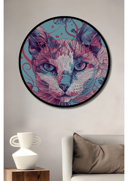 Çerçeve Görünümlü Renkli Çiçekli Kedi Dekoratif Ahşap Mdf Ev Duvar Tablo Yuvarlak Ev Duvar Tablo