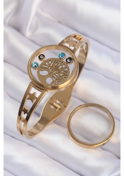 316L Çelik Altın Renk Içi Yaşam Ağacı ve Nazar Boncuk Figürlü Açılabilir Fanus Kelepçe modelleri