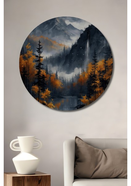 Dağ Manzaralı Sonbahar Ahşap Mdf Dekoratif Ev/işyeri Duvar Tablo Yuvarlak Ev/işyeri Duvar Tablo