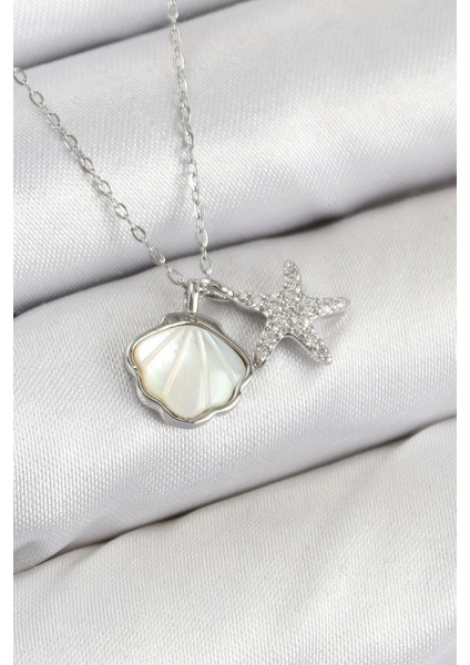 Pirinç Zirkon Taşlı Istiridye ve Deniz Yıldızı Model Gümüş Renk Kadın Kolye