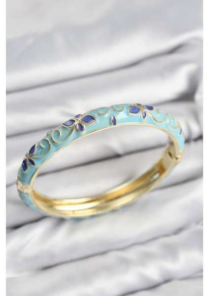 Mineli Pirinç Turkuaz Çiçek Motifli Gold Kadın Kelepçe