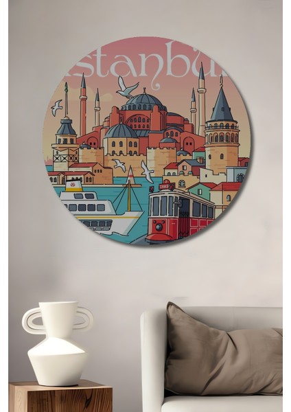Istanbul Galata Kulesi Ayasofya Tramvay Ahşap Mdf Dekoratif Tablo Yuvarlak Tablo