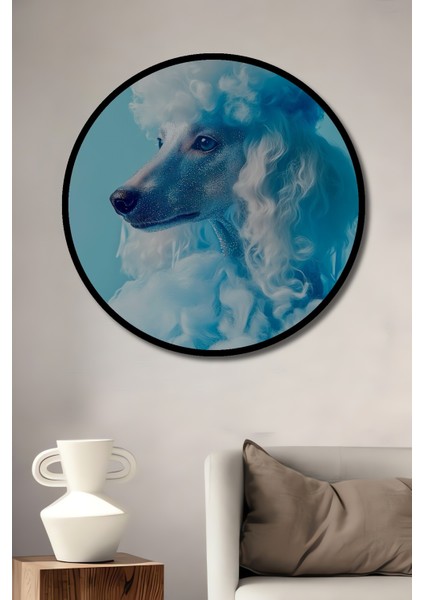 Çerçeve Görünümlü Mavi Pofuduk Köpek Dekoratif Ahşap Mdf Ev Duvar Tablo Yuvarlak Ev Duvar Tablo