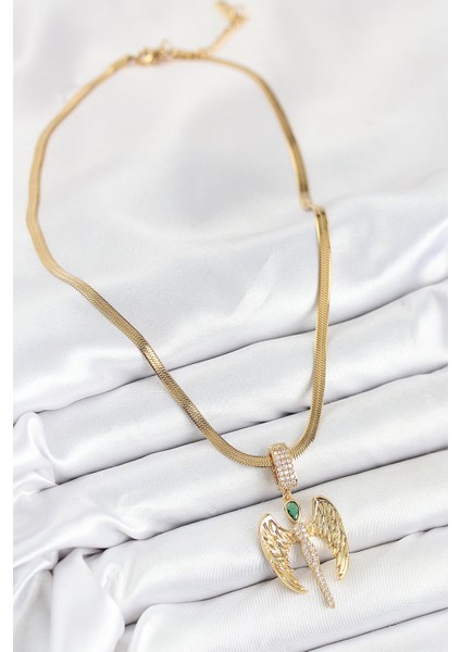 316L Çelik Zirkon Taşlı Melek Model Gold Renk Kadın Kolye fiyatları