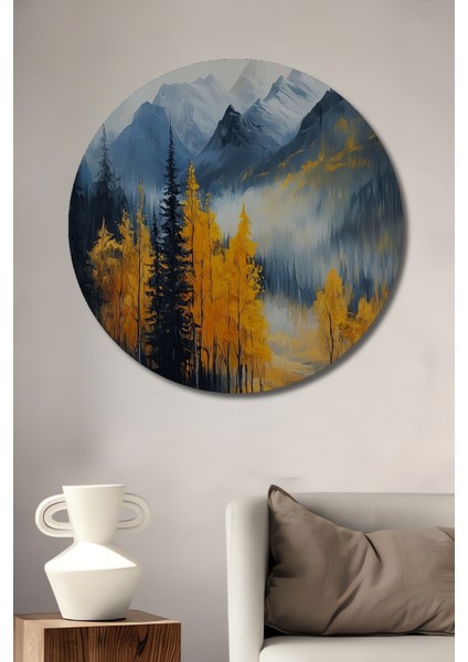 Dağ Manzarası Sonbahar Ahşap Mdf Dekoratif Ev/işyeri Duvar Tablo Yuvarlak Ev/işyeri Duvar Tablo