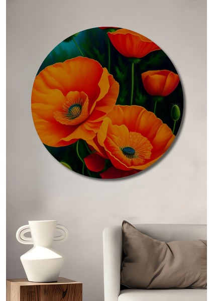 Turuncu Gelinciklerin Büyülü Dansı Dekoratif Ahşap Mdf Tablo Yuvarlak Tablo