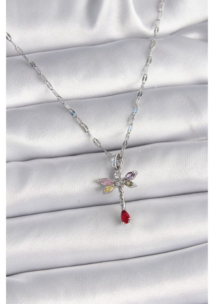 316L Çelik Gümüş Renk Zincir Renkli Zirkon Taşlı Yusufçuk Model Kadın Kolye