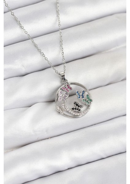 316L Çelik Zincir Gümüş Renk Zirkon Taşlı Kelebekli Kadın Kolye