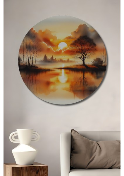 Büyüleyici Gün Batımı Manzaralı Ahşap Mdf Dekoratif Tablo Yuvarlak Tablo