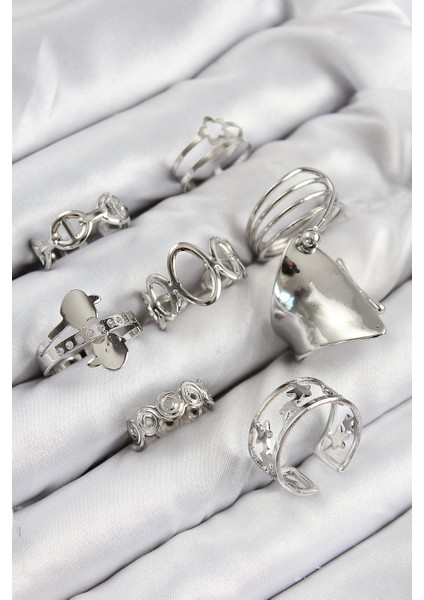 Pirinç Sarmal ve Yıldız Model Gümüş Renk Kadın Yüzük Kombin Set