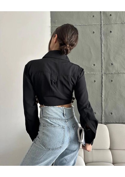 Yanı Kemer Detaylı Crop Gömlek Siyah S4009 indirimleri