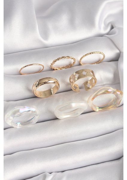 Pirinç Gold Renk Beyaz Akrilik Plastik Modek Kutup Yıldız Işleme Detay Kadın Yüzük Kombini