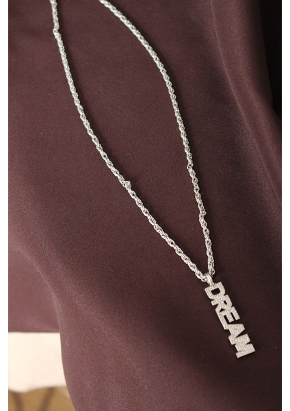 Gümüş Renk Zirkon Taşlı Rüya Yazılı Kolye fiyatları