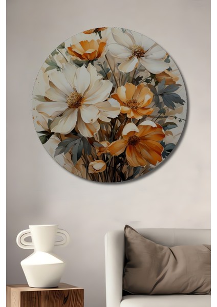 Çarpıcı Çiçekli Dekoratif Ahşap Mdf Ev/işyeri Duvar Tablo Yuvarlak Ev/işyeri Duvar Tablo