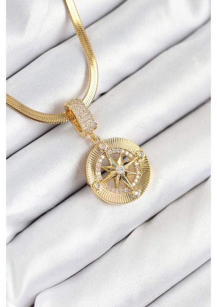 316L Çelik Zirkon Taşlı Pusula Model Gold Renk Kadın Kolye
