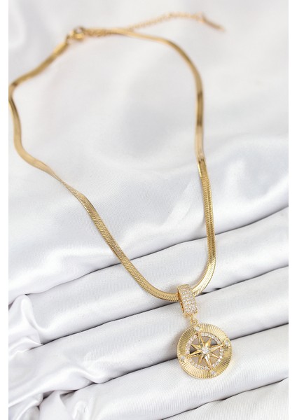 316L Çelik Zirkon Taşlı Pusula Model Gold Renk Kadın Kolye fiyatları