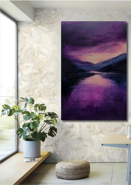 Mor Günbatımı Dağ Manzarası Dekoratif Ahşap Mdf Tablo Dikdörtgen Tablo