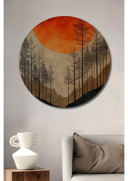 Kırmızı Ay Derin Orman Dekoratif Ahşap Mdf Ev/işyeri Duvar Tablo Yuvarlak Ev/işyeri Duvar Tablo