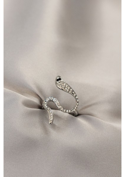 Zirkon Taşlı Gümüş Renk Yılan Yüzük
