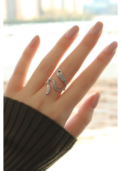 Zirkon Taşlı Gümüş Renk Yılan Yüzük fiyatları