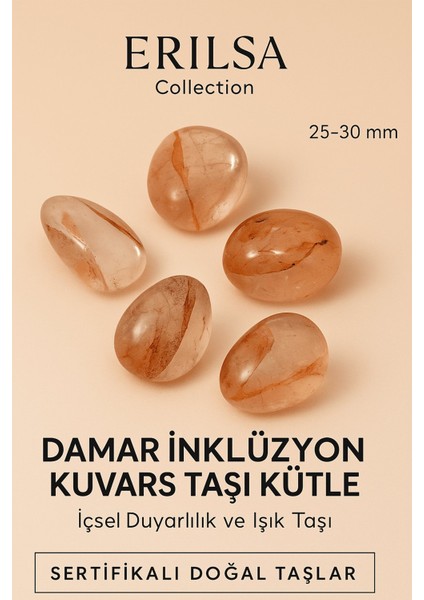 Sertifikalı Damar Inklüzyon Kuvars Taşı Kütle 25–30 mm Içsel Huzur Işık ve Duyarlılık Taşı
