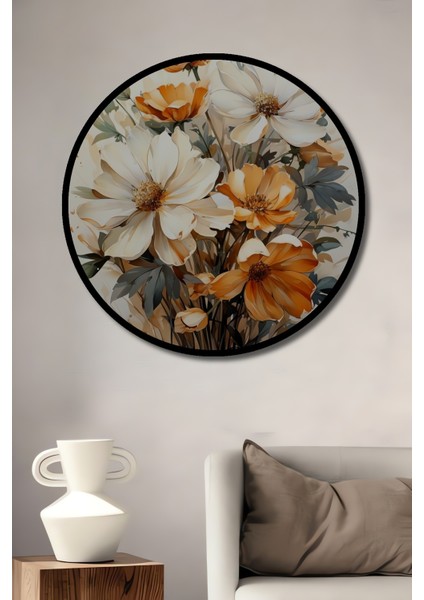 Çerçeve Görünümlü Çarpıcı Çiçekli Dekoratif Ahşap Mdf Ev Duvar Tablo Yuvarlak Ev Duvar Tablo