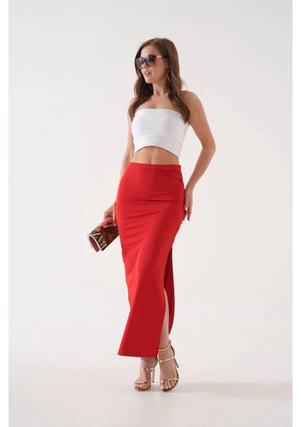 Uzun Yırtmaçlı Ince Kumaş Etek Kırmızı indirimleri