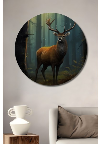 Gızemlı Ormanda Asil Geyik Dekoratif Ahşap Mdf Ev/işyeri Duvar Tablo Yuvarlak Ev/işyeri Duvar Tablo